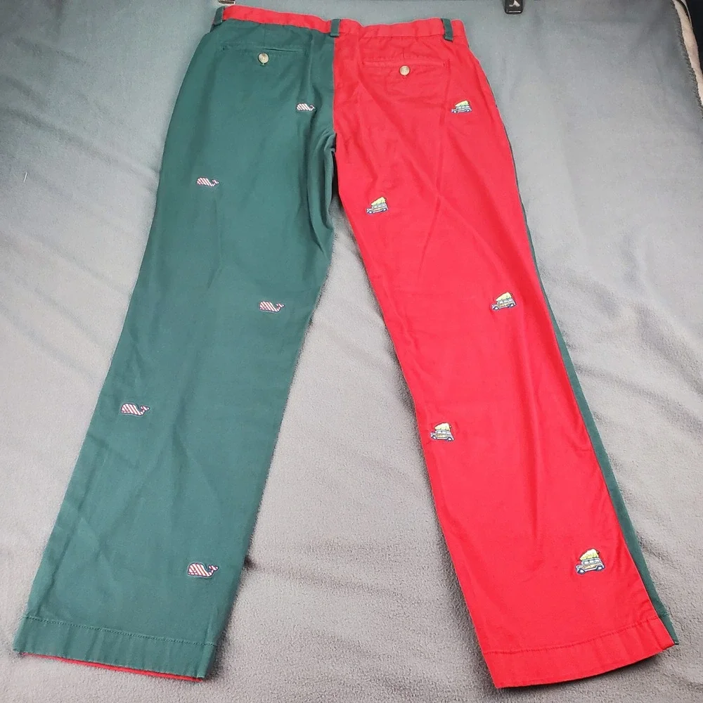 Vineyard Vines Men Two Tone Red Green Whale & Car Embroidered Chinos Pants 32x29